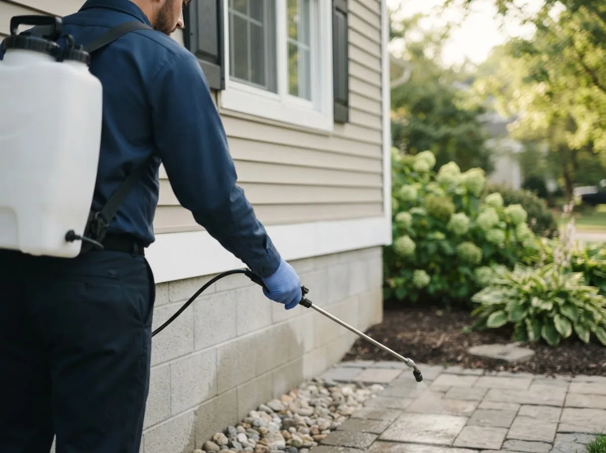 Pest control technician inspecting a home in Edgewood, IL